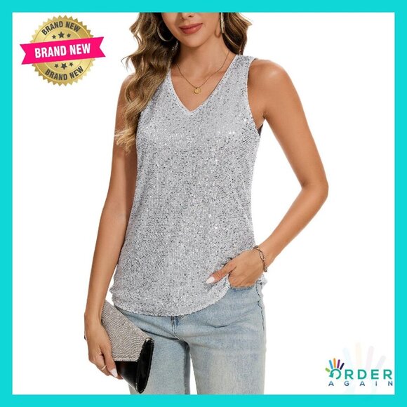 Tops - Sequin Tank Top Glitter Party Shirt V-Neck Loose Fit Shimmer Blouse Chic